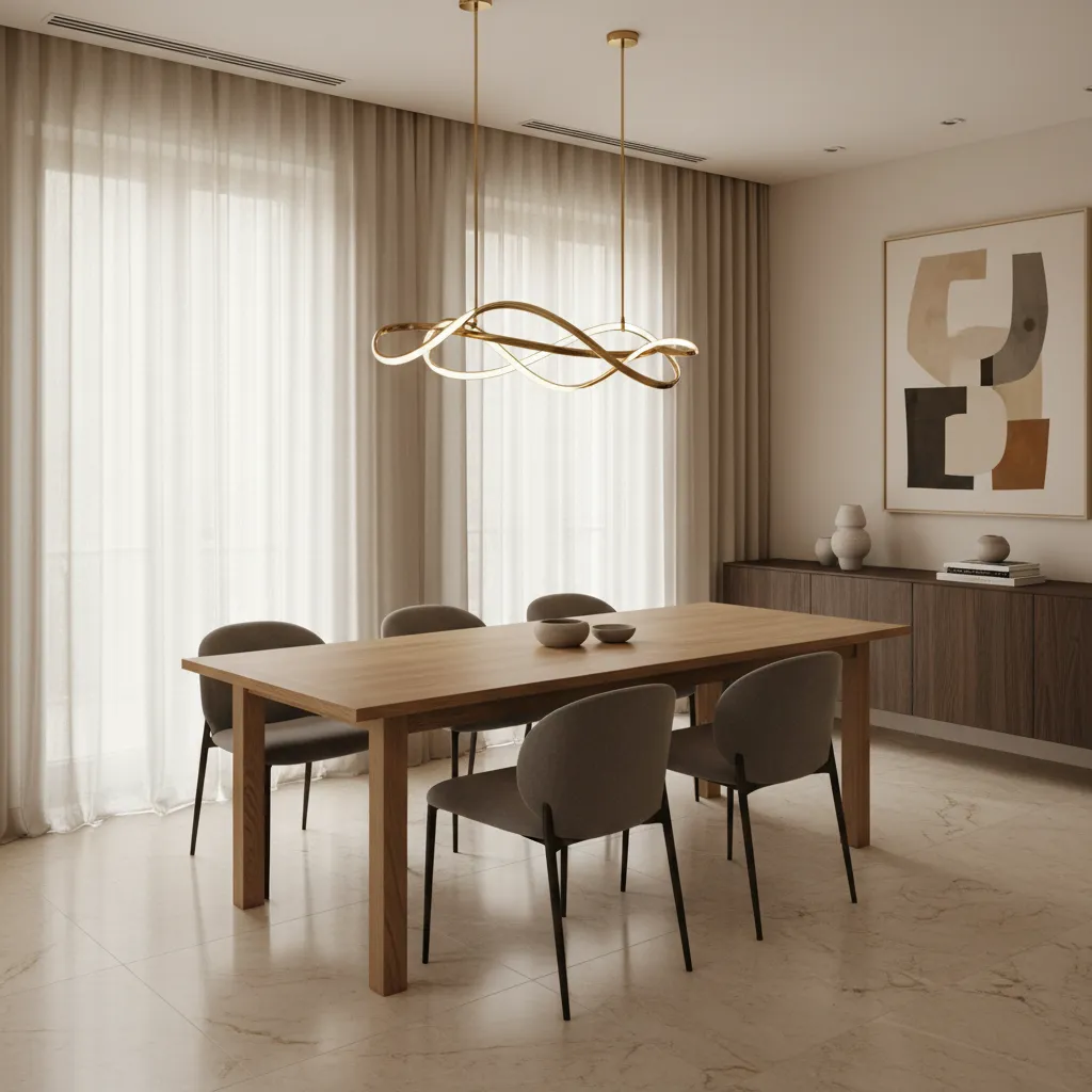 Lámpara escultórica con diseño abstracto en comedor moderno