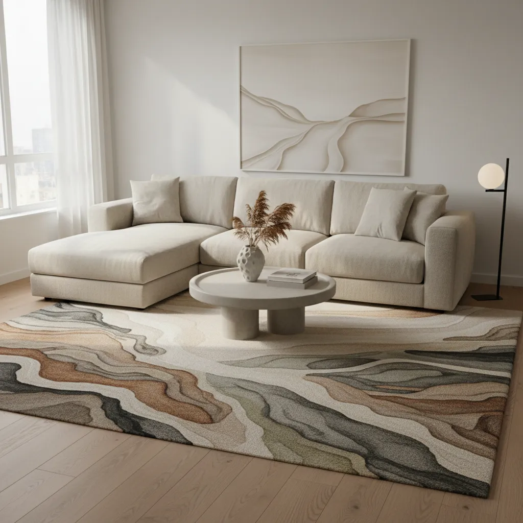 Sala de estar con alfombra de patrón abstracto orgánico