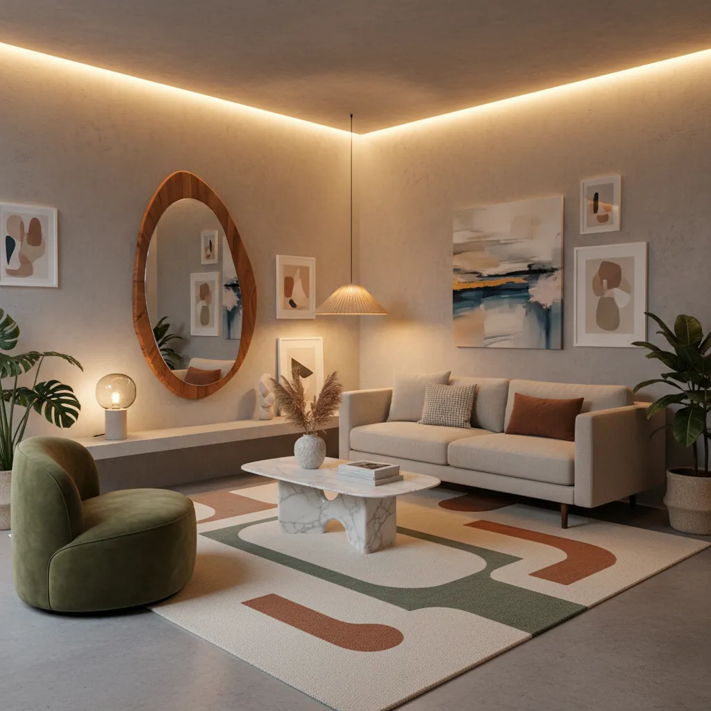 Pequeña sala moderna con decoración abstracta equilibrada