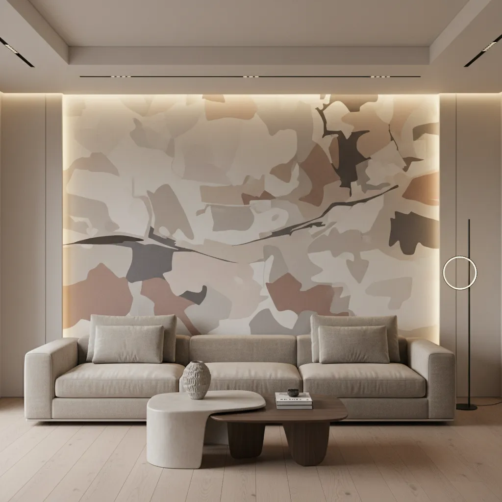 Modern living room featuring abstract artistic wall mural