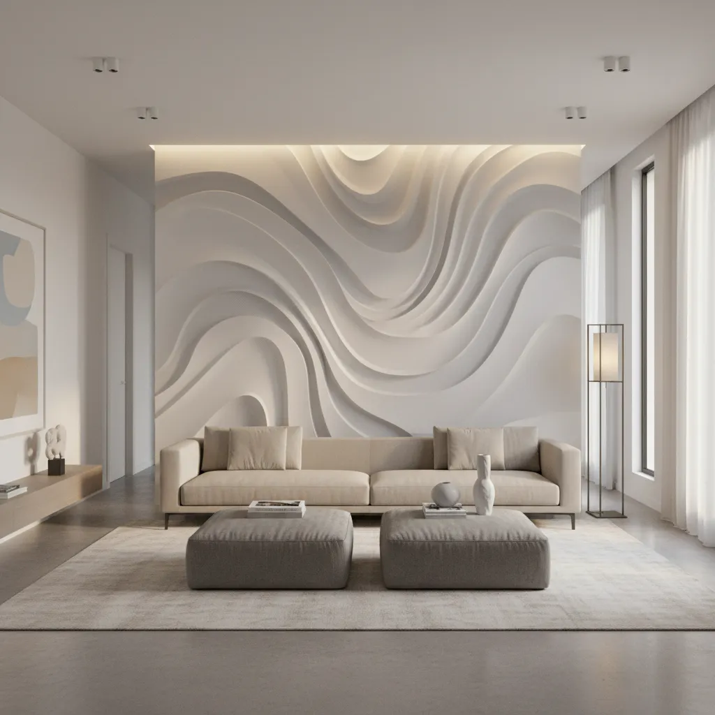 abstract wave 3D wallpaper accent wall in modern living room