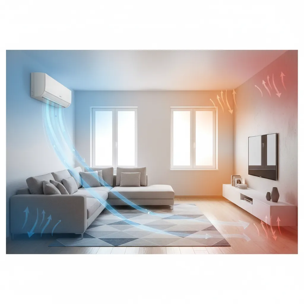 Diagram style living room showing uneven airflow zones from air conditioner