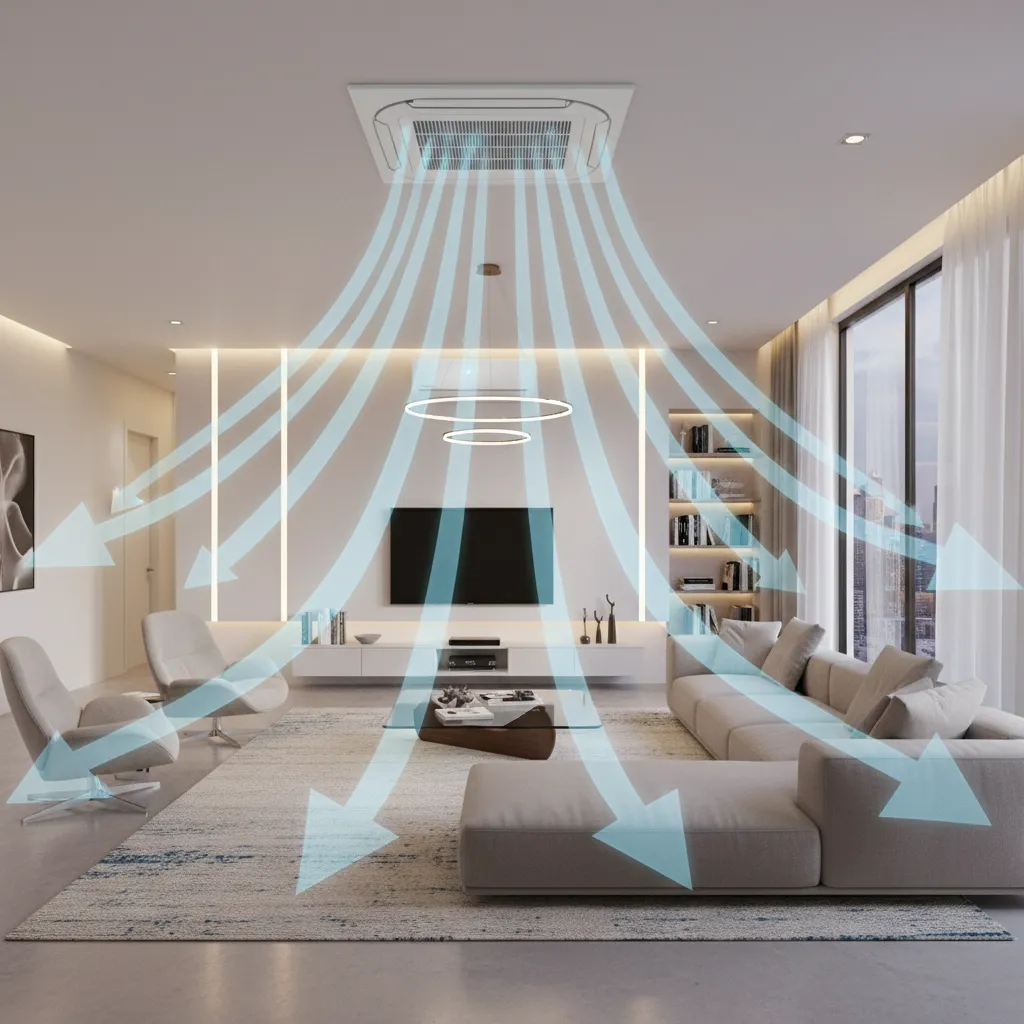 Airflow diagram showing cooling distribution in a large living room