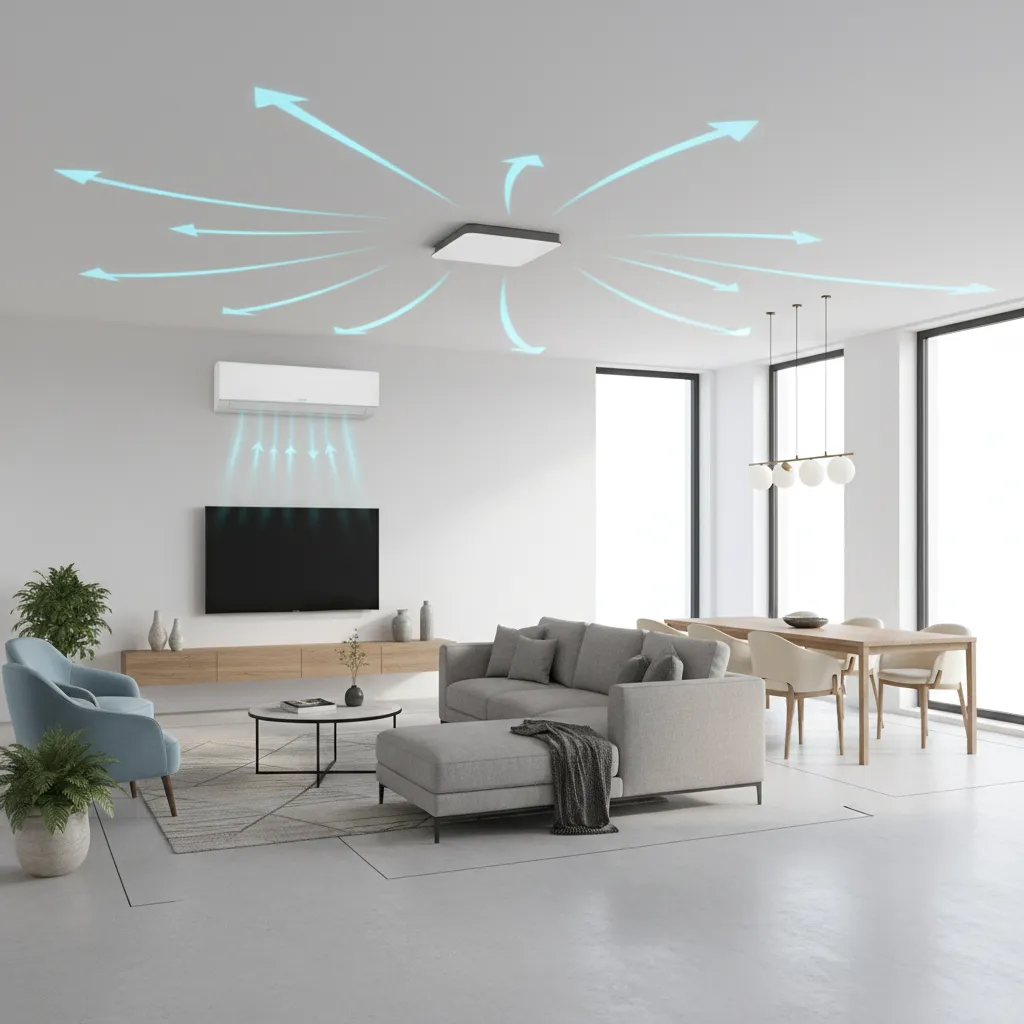 Open plan living room with airflow arrows showing cooling coverage