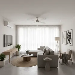 Minimalist living room featuring grey sofa television wooden cabinet ceiling fan floor lamp and plants