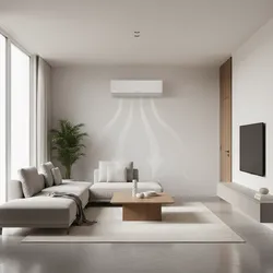 Modern living room with air conditioner blowing air above grey sofa and wood coffee table