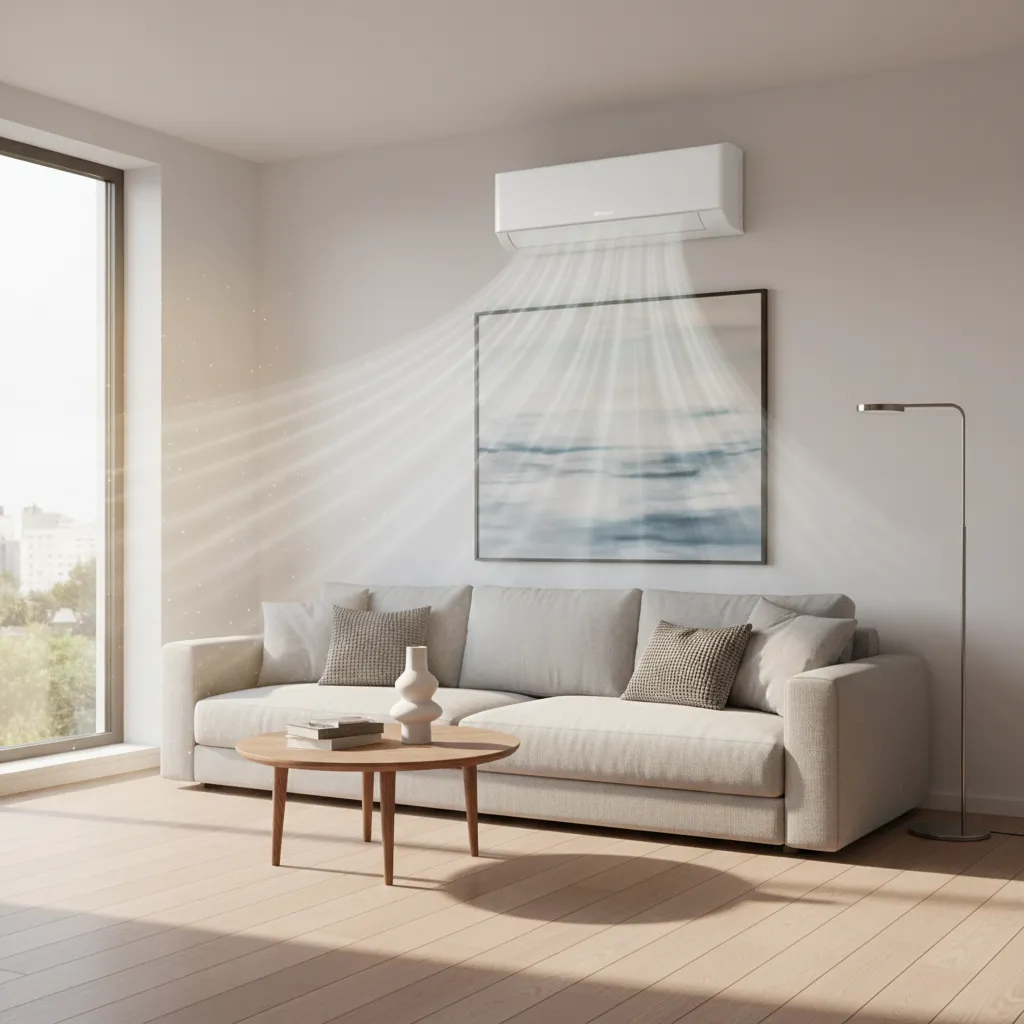 Energy efficient air conditioner cooling a small home interior