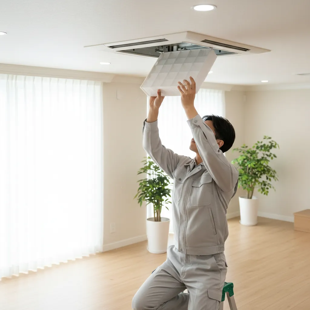 homeowner replacing air conditioner filter for better cooling efficiency