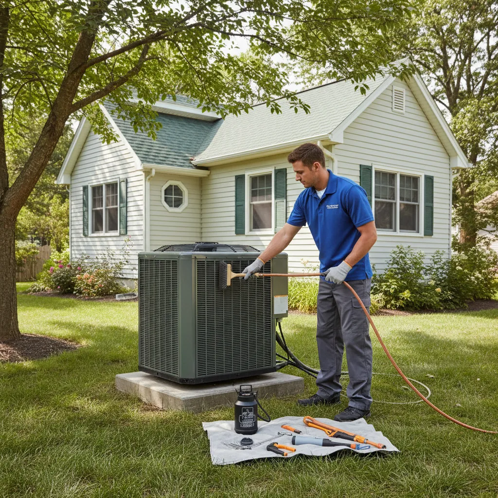 Technician cleaning outdoor AC condenser unit