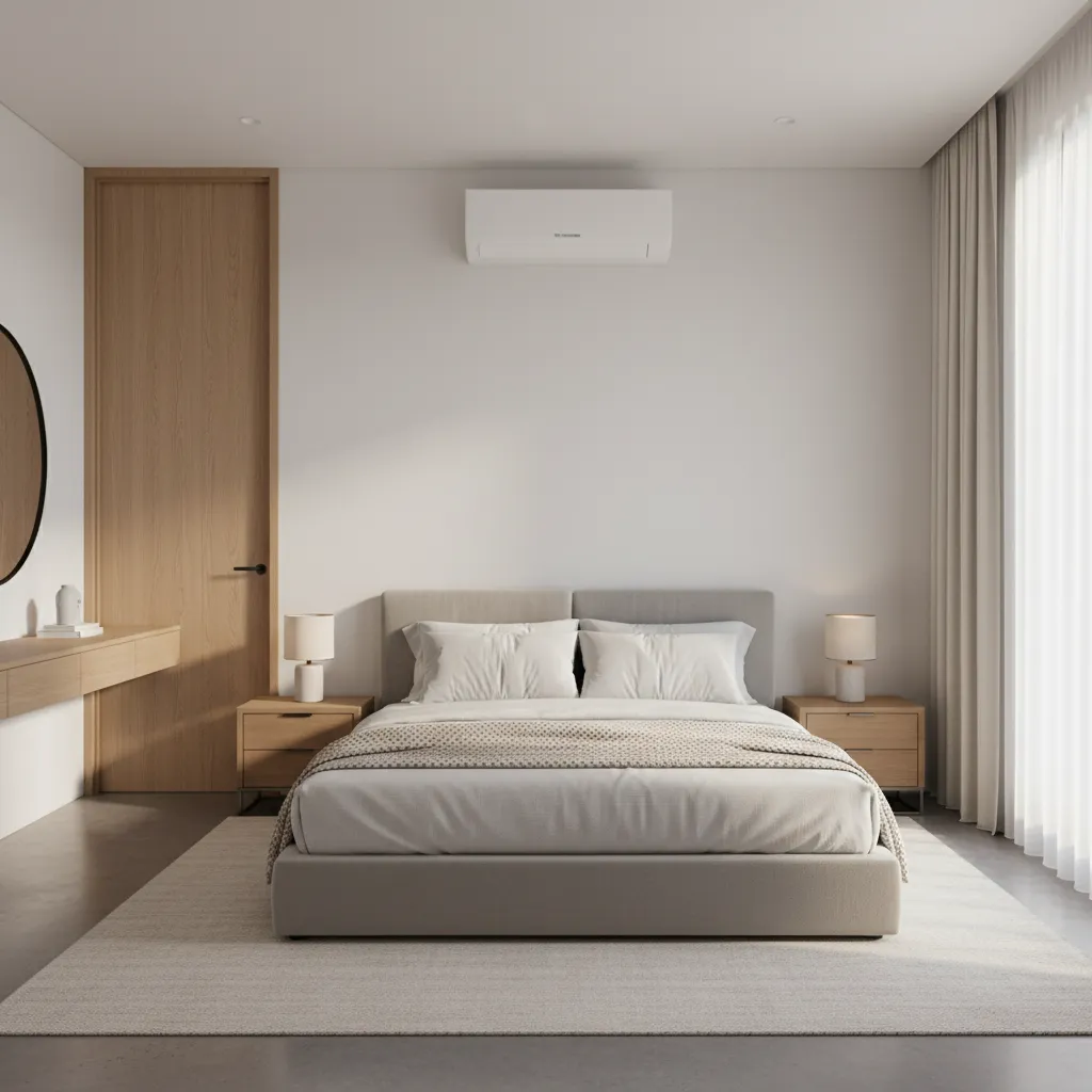 Bedroom interior with wall mounted air conditioner above doorway