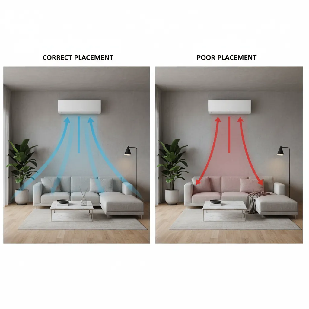 Diagram style interior showing correct and incorrect AC placement in a room