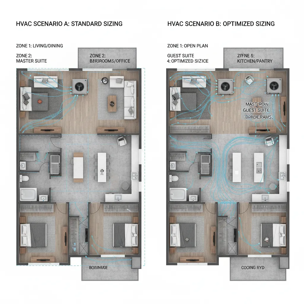 Comparison concept showing HVAC sizing differences in a home layout