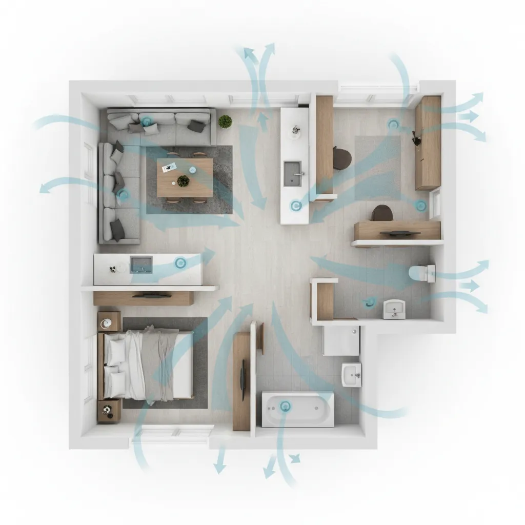 Home floor layout showing air vents and airflow paths