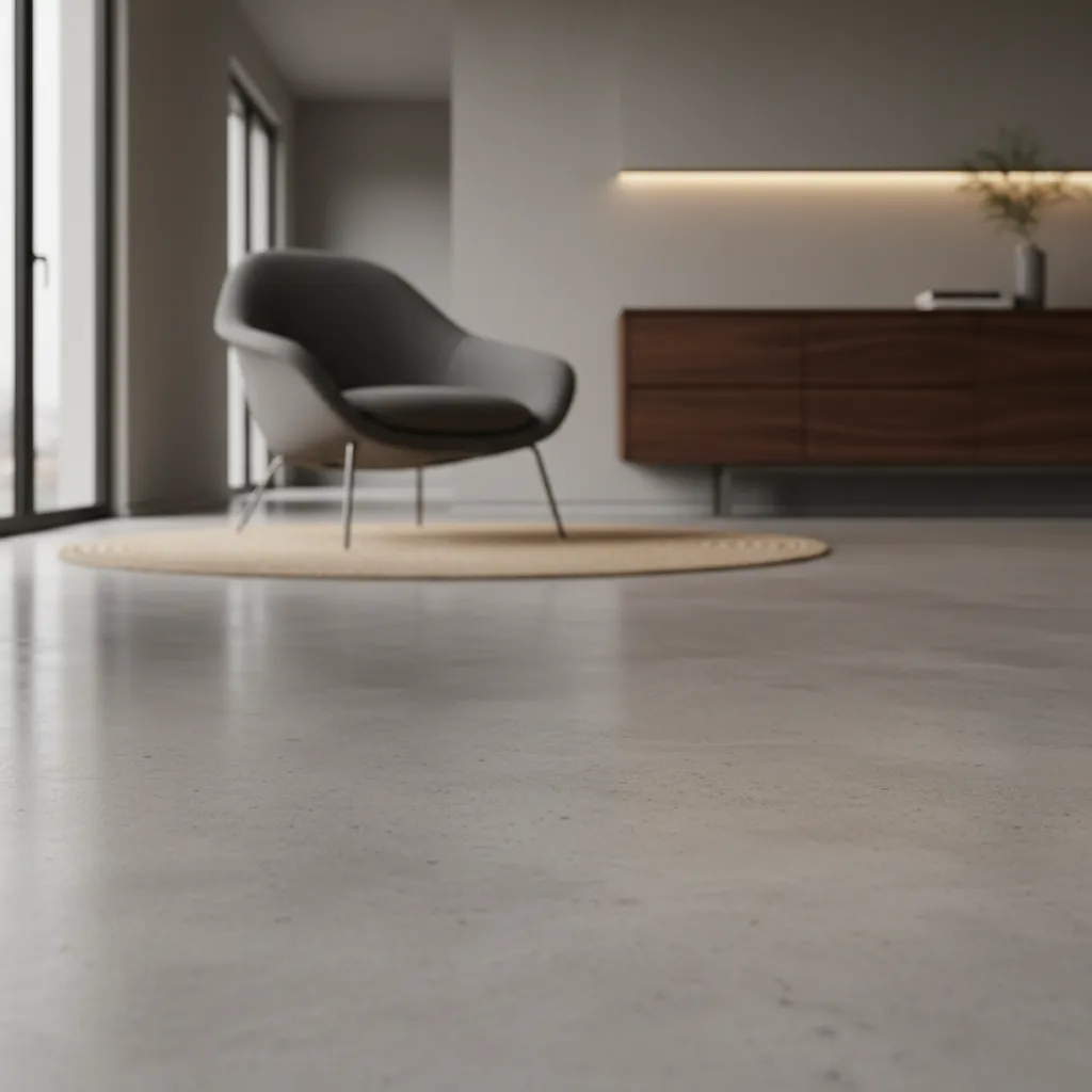 Detalle de acabado de suelo de hormigón satinado en interior residencial