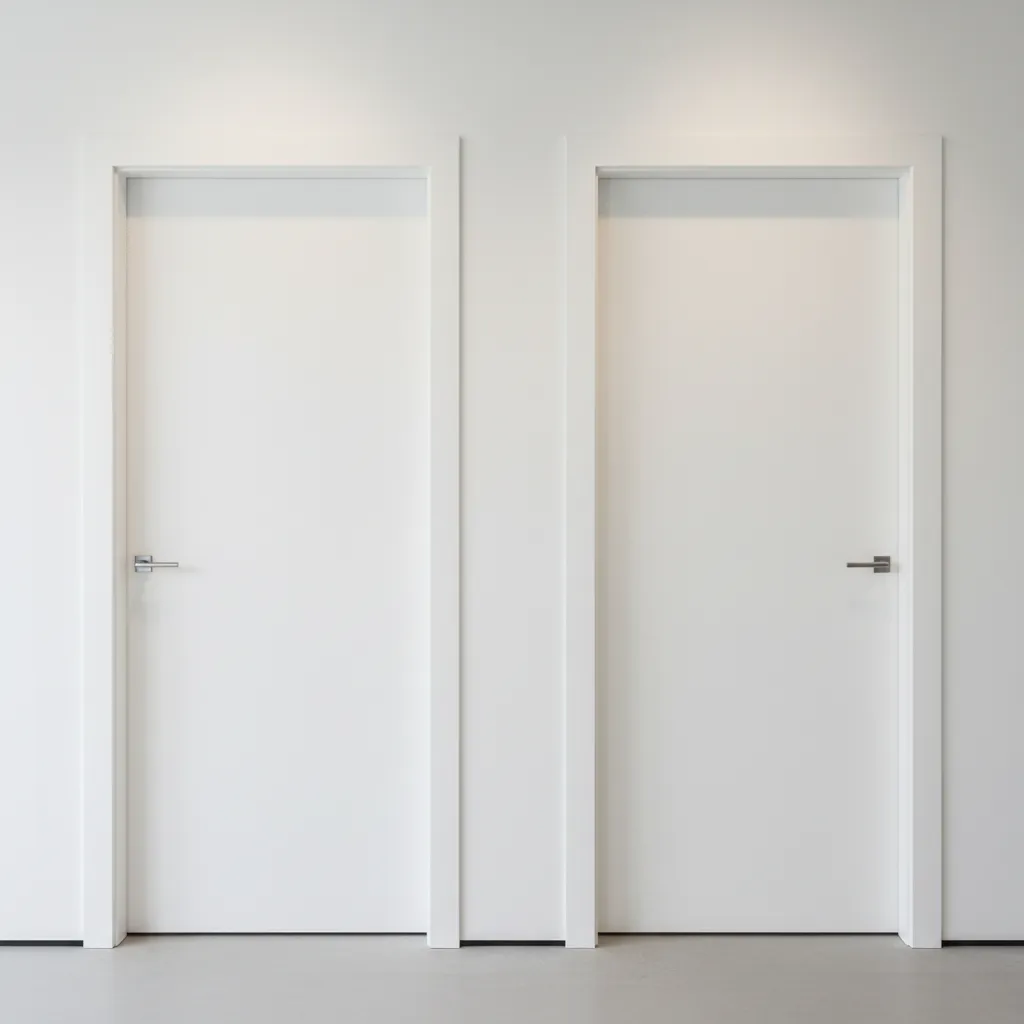 Two minimalist white interior doors side by side on white wall with modern silver handles