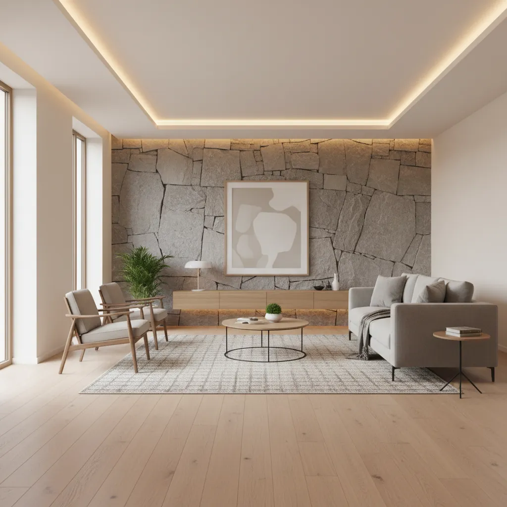 Salón moderno con acabados en madera, piedra y pintura mate