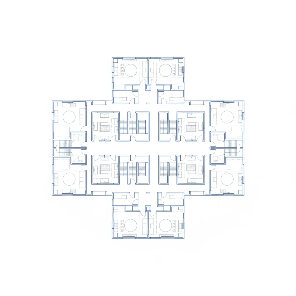 Blue line interior design drawing showing a symmetrical building layout with many small office rooms