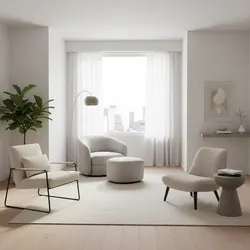 Modern living room interior design drawing with white chairs, grey footrest, lamp, and city view