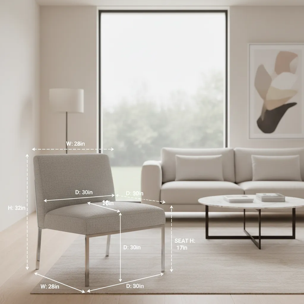 Diagram showing accent chair dimensions in a small living room layout