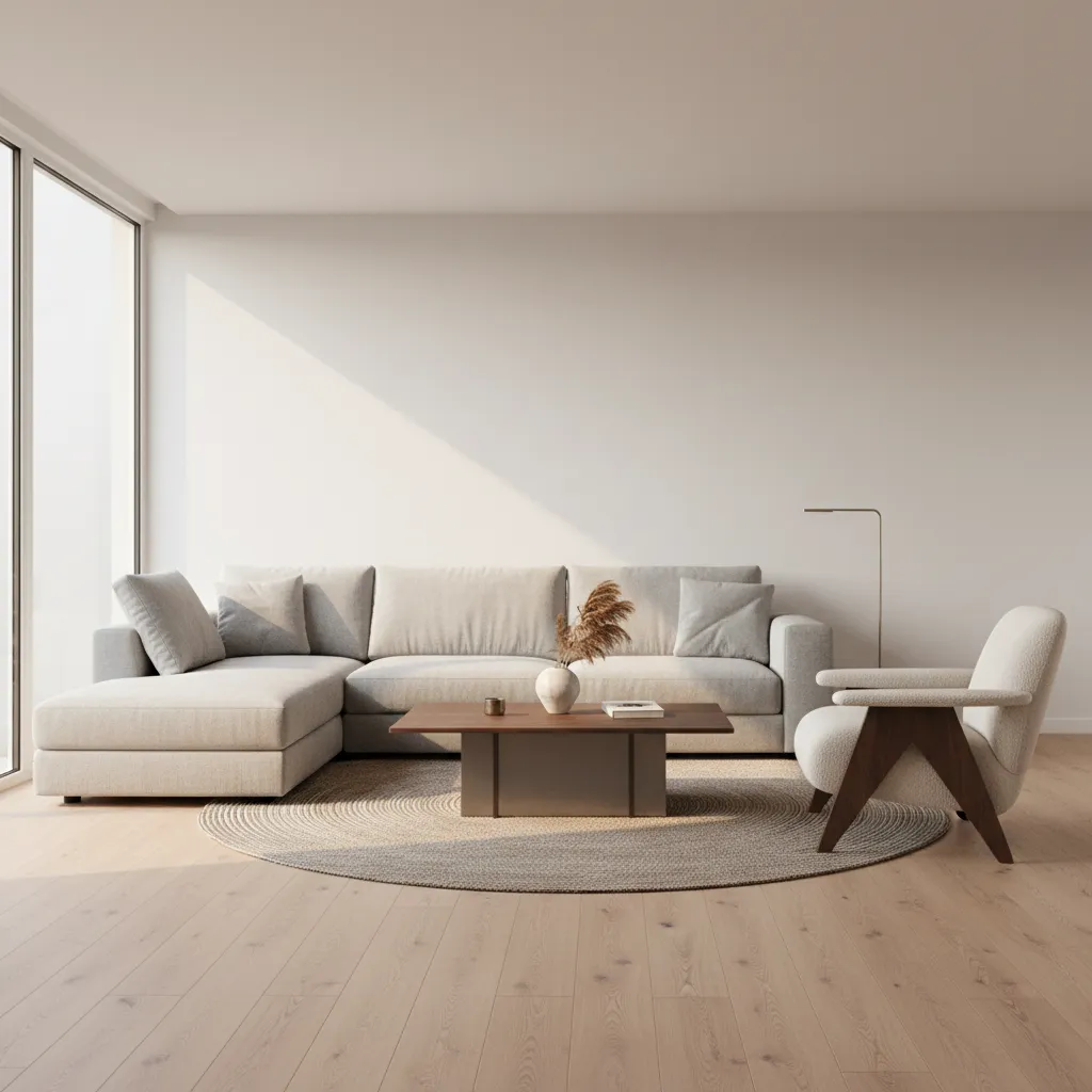 Living room seating arrangement showing sofa and single accent chair forming a conversation area