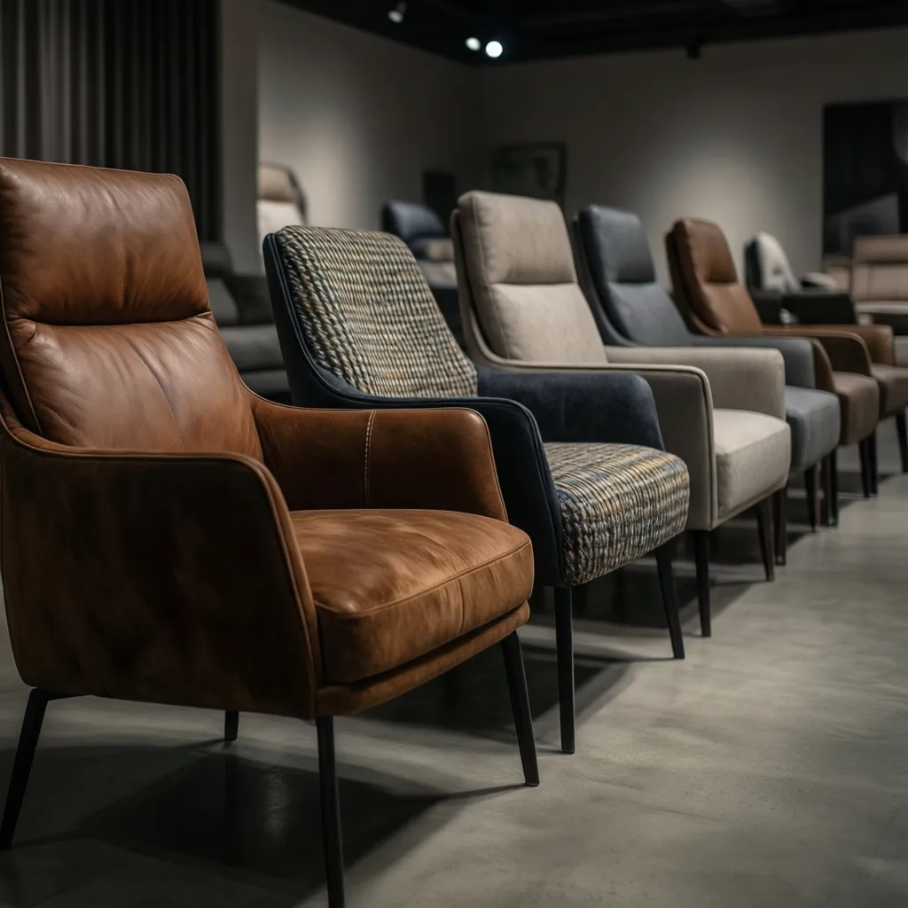 Accent chairs in different upholstery materials including leather velvet and performance fabric