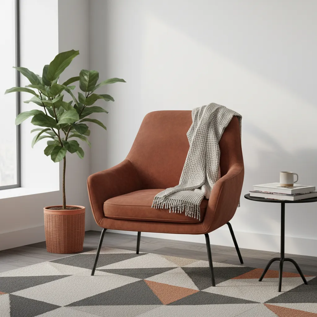 rust accent chair and textured rug in grey floor living room