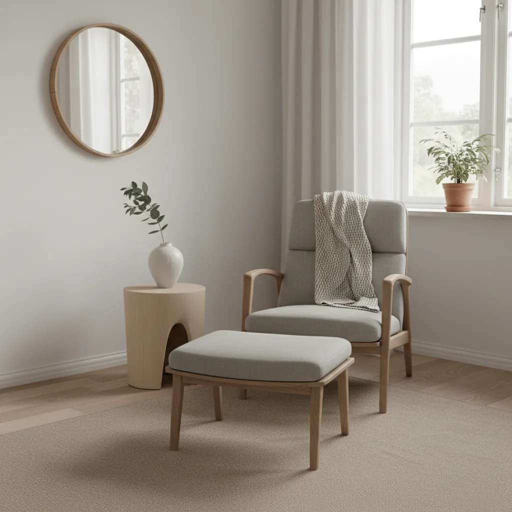 Accent chair paired with a proportional ottoman in a cozy living room seating corner