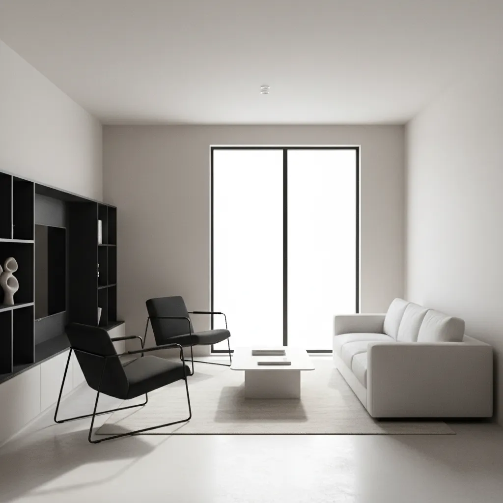 Interior layout showing diagonal placement of accent chairs in a small living room