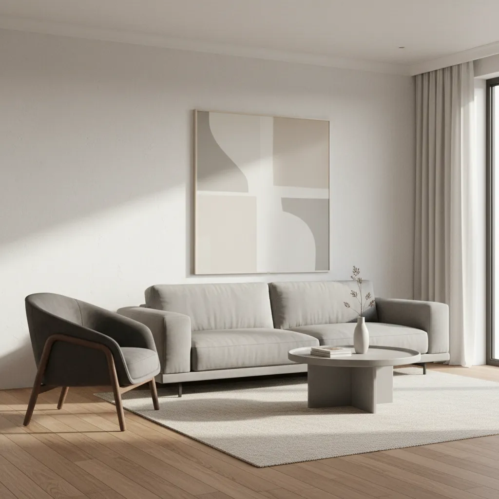Living room with single accent chair placed beside sofa showing proper scale
