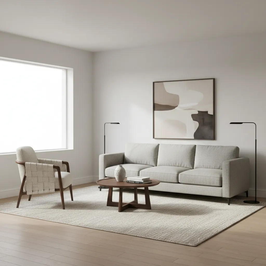 Living room showing proper scale of accent chair next to sofa
