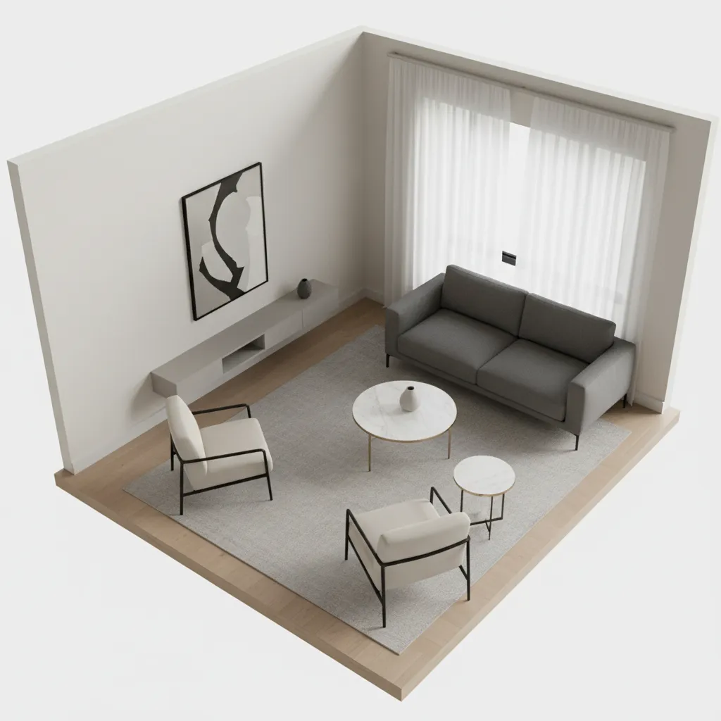 Living room layout showing sofa coffee table and accent chair arranged in triangle seating