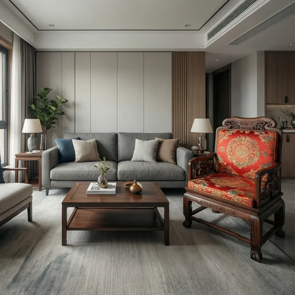 Living room showing traditional chair clashing with modern sofa