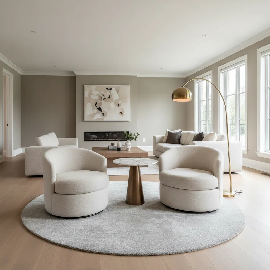 Accent chairs and side tables filling space in large living room layout
