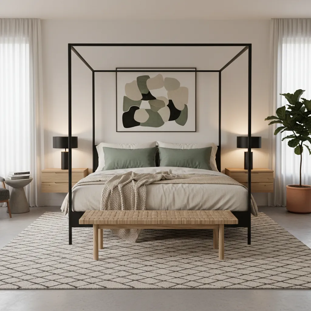 bedroom styling with black furniture and sage green and beige accents
