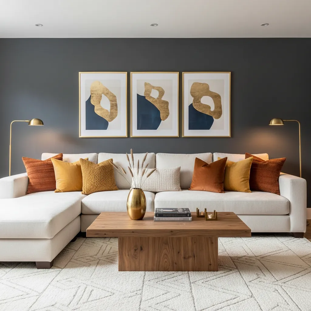 Decor accents balancing dark and light interior colors in a hall