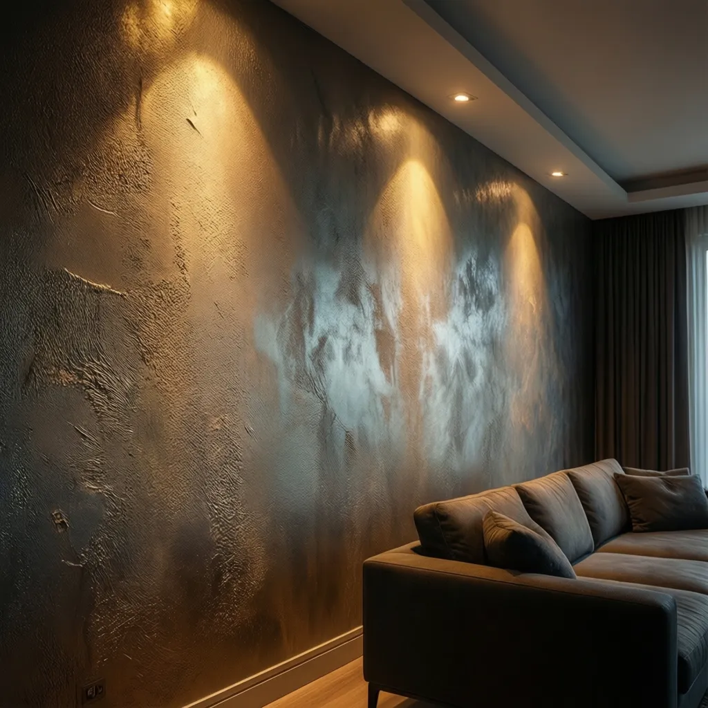 Accent lighting highlighting textured living room wall finish