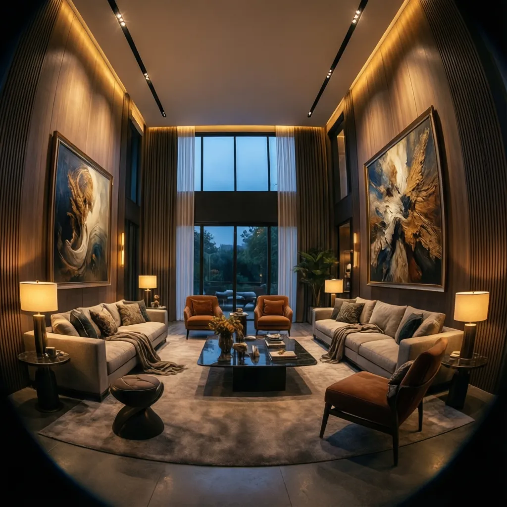 tall living room walls illuminated with accent lighting