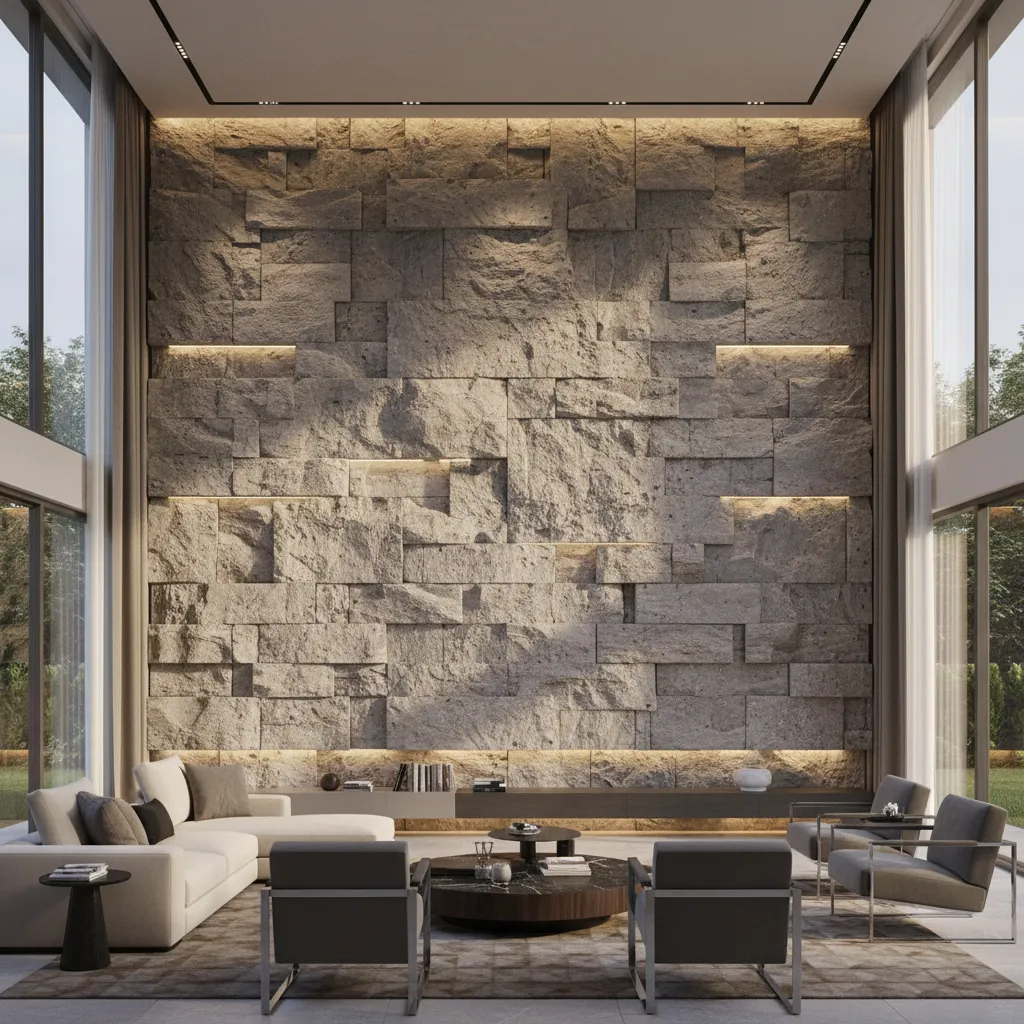 Accent lighting highlighting textured stone wall in double height living room