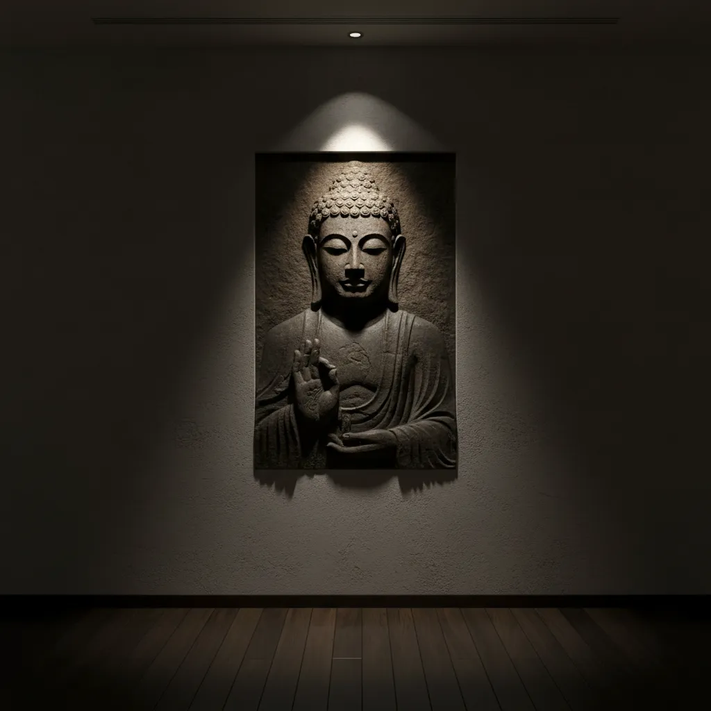 Accent spotlight highlighting Buddha wall sculpture texture