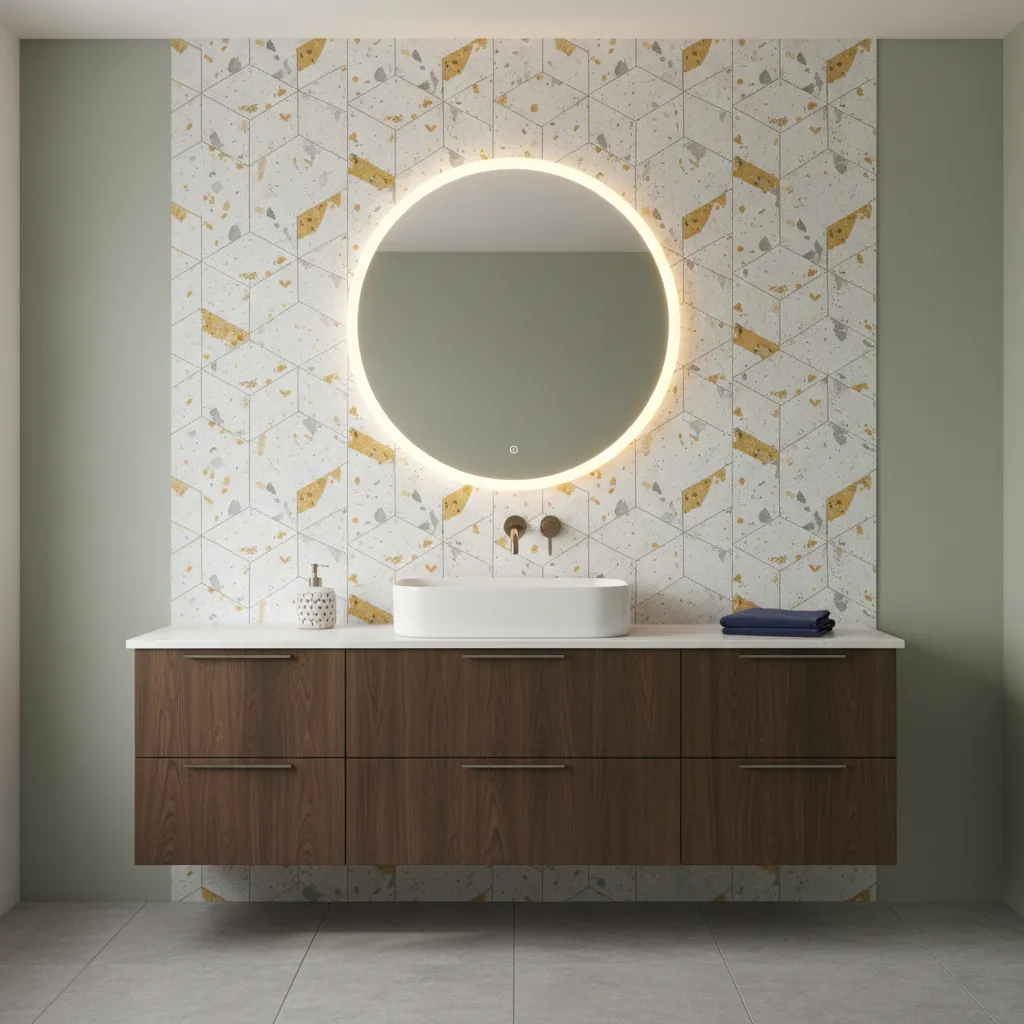 bathroom vanity wall with decorative accent tiles