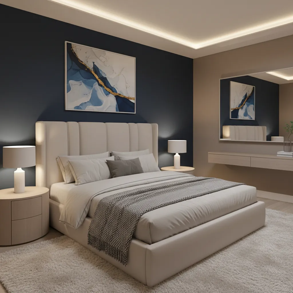 bedroom with dark blue accent wall behind bed