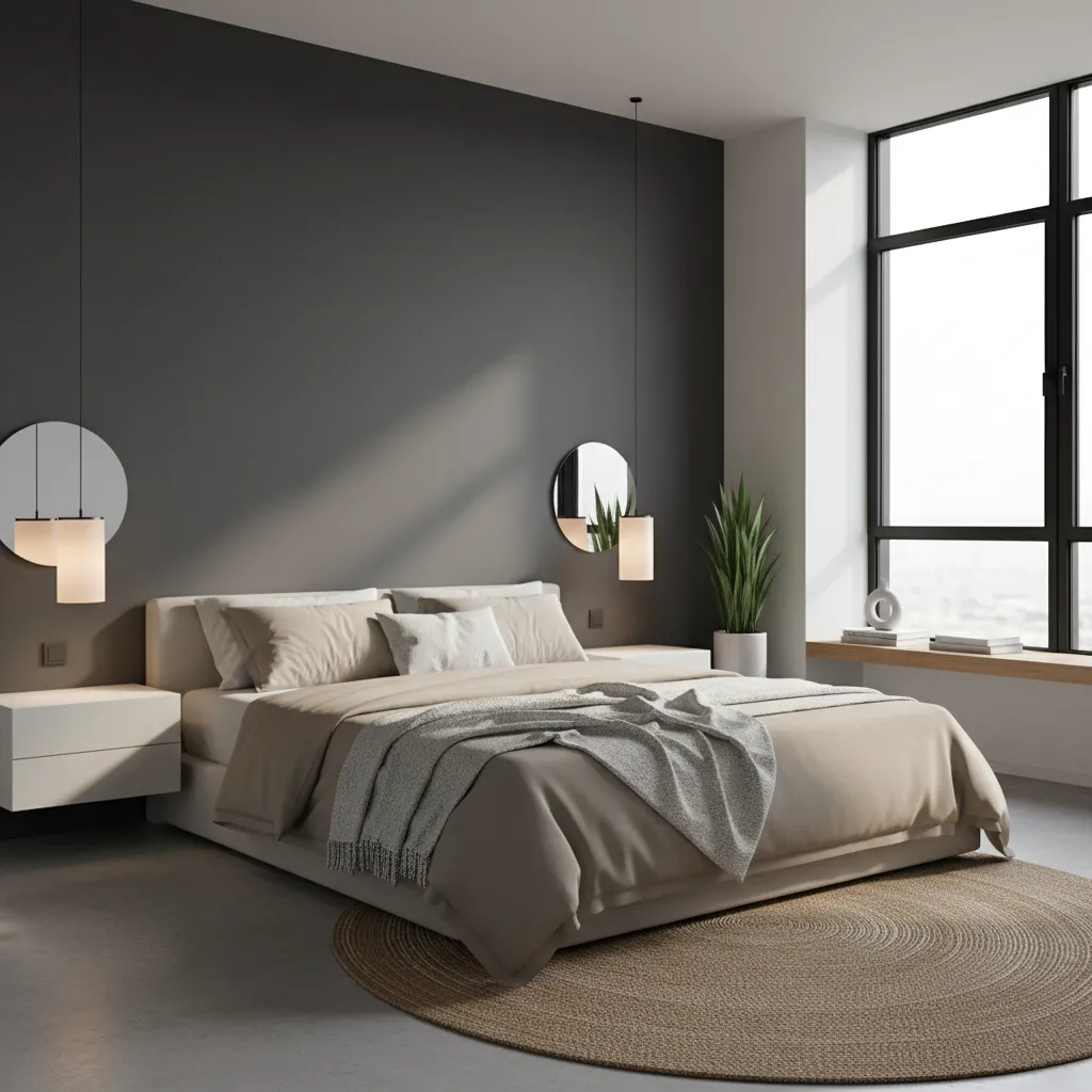 bedroom with dark accent wall behind bed and minimal decor