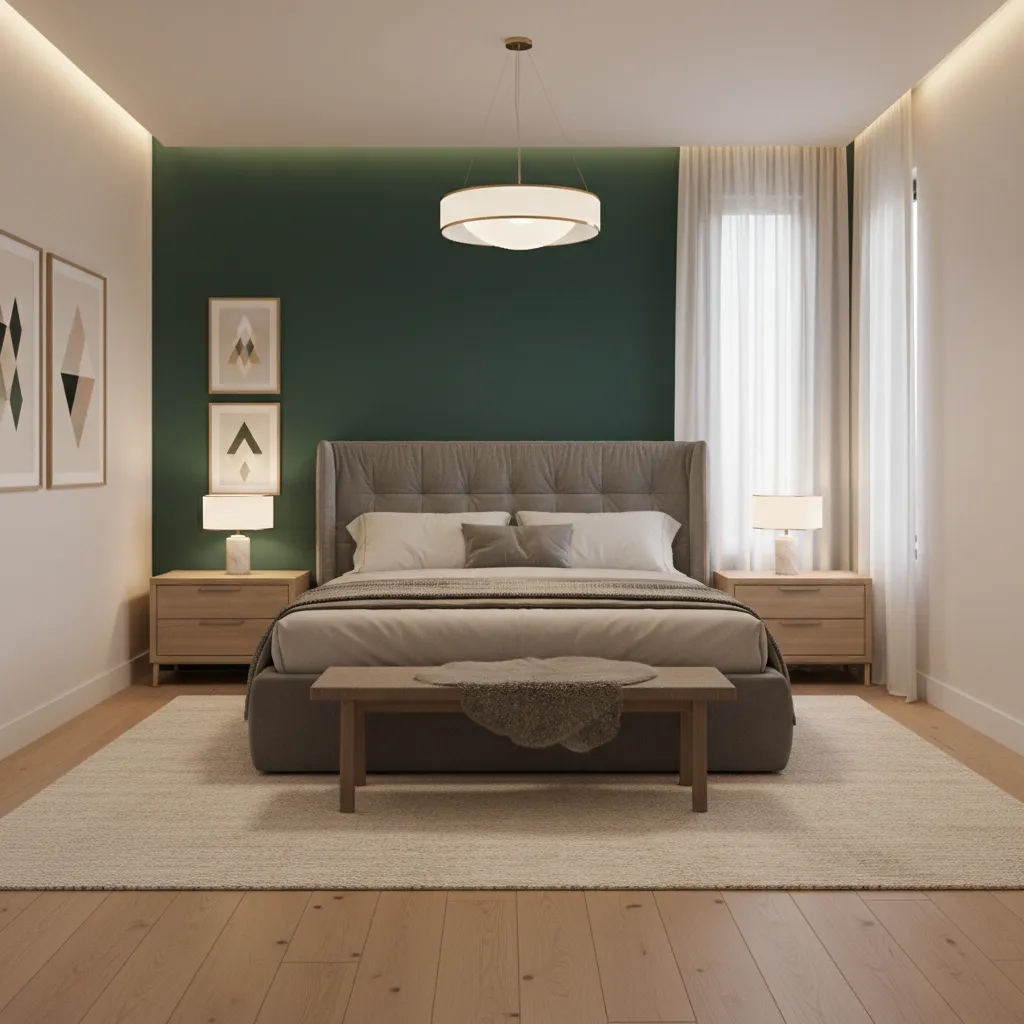 Bedroom with dark accent wall behind the bed