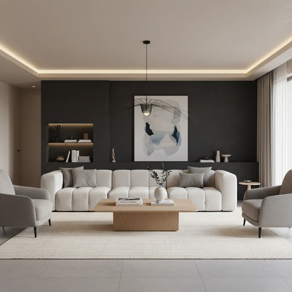 Living room with dark accent wall behind white sofa