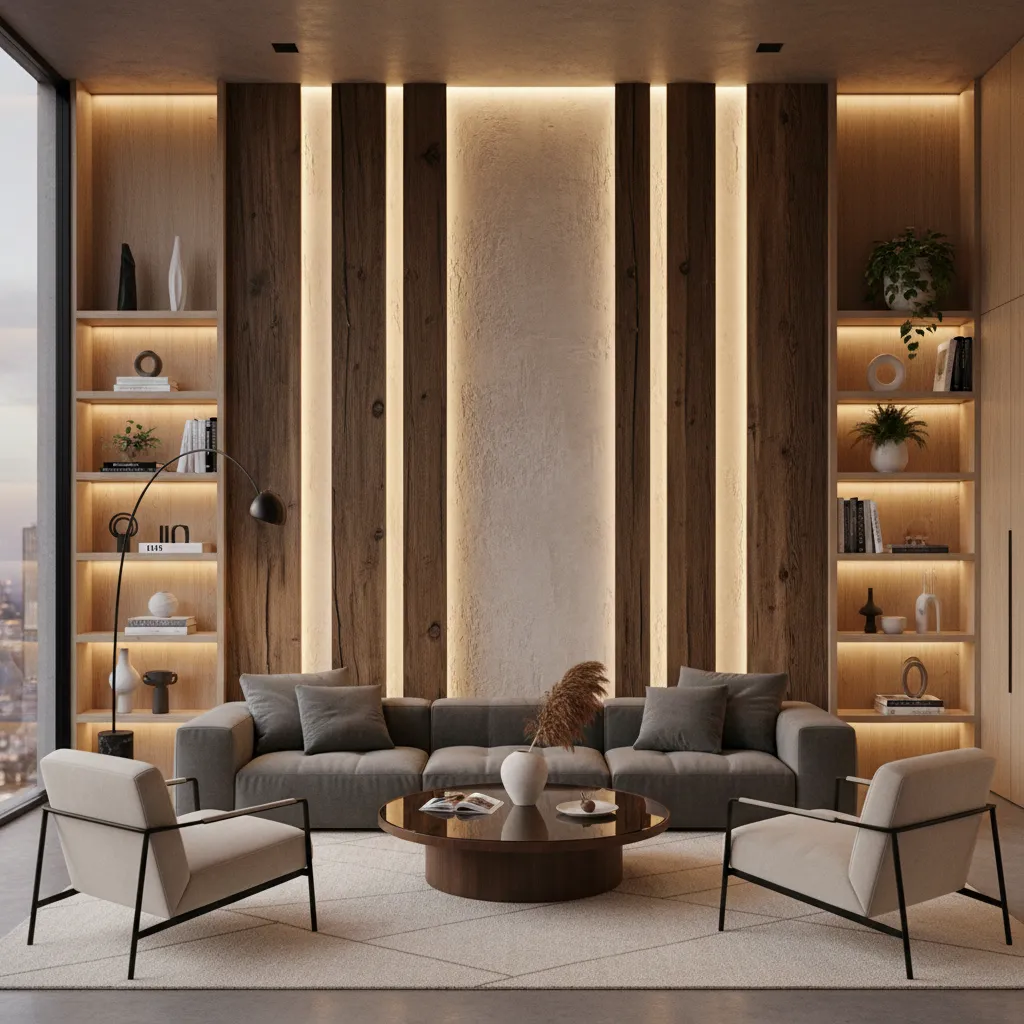 Pared acento con textura en salón contemporáneo