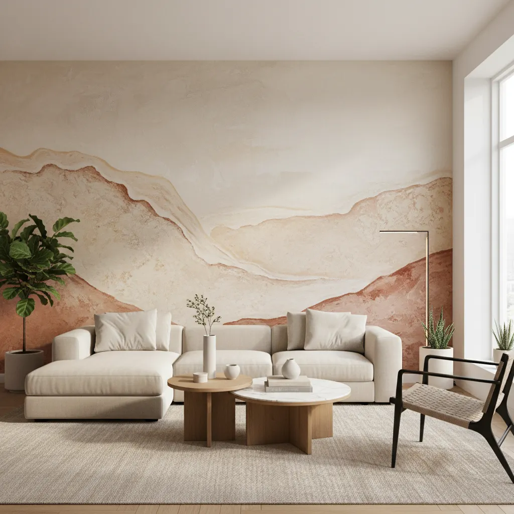 salón con una pared decorativa detrás del sofá