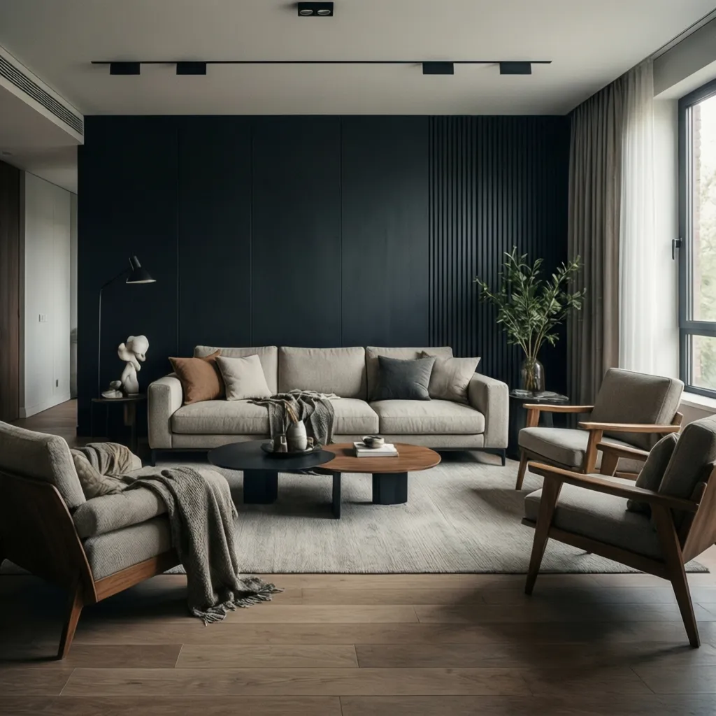Salón moderno con una pared de acento en color oscuro