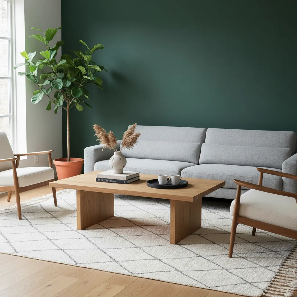 Salón con pared de acento verde oscuro detrás del sofá