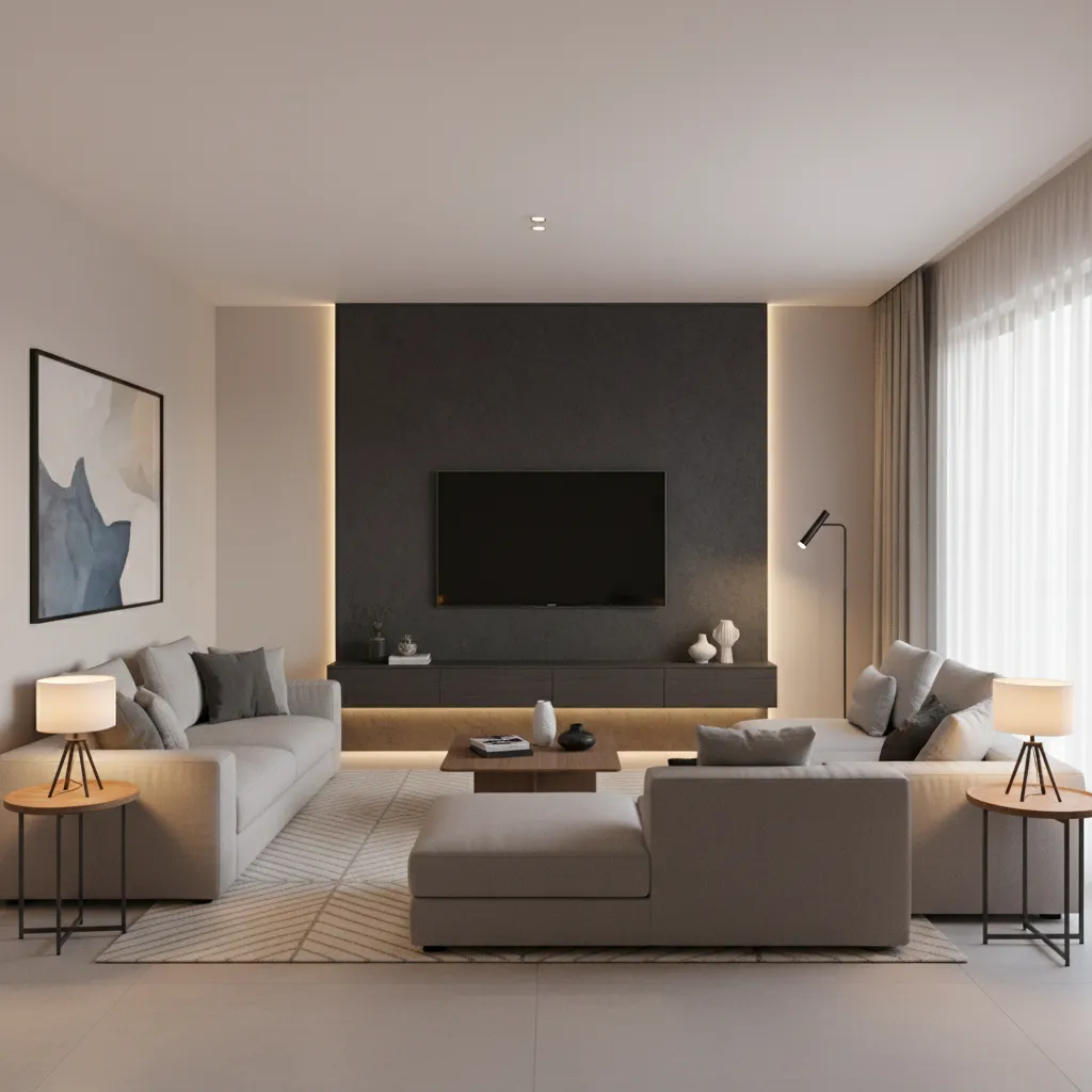 Modern living room with dark accent wall behind TV