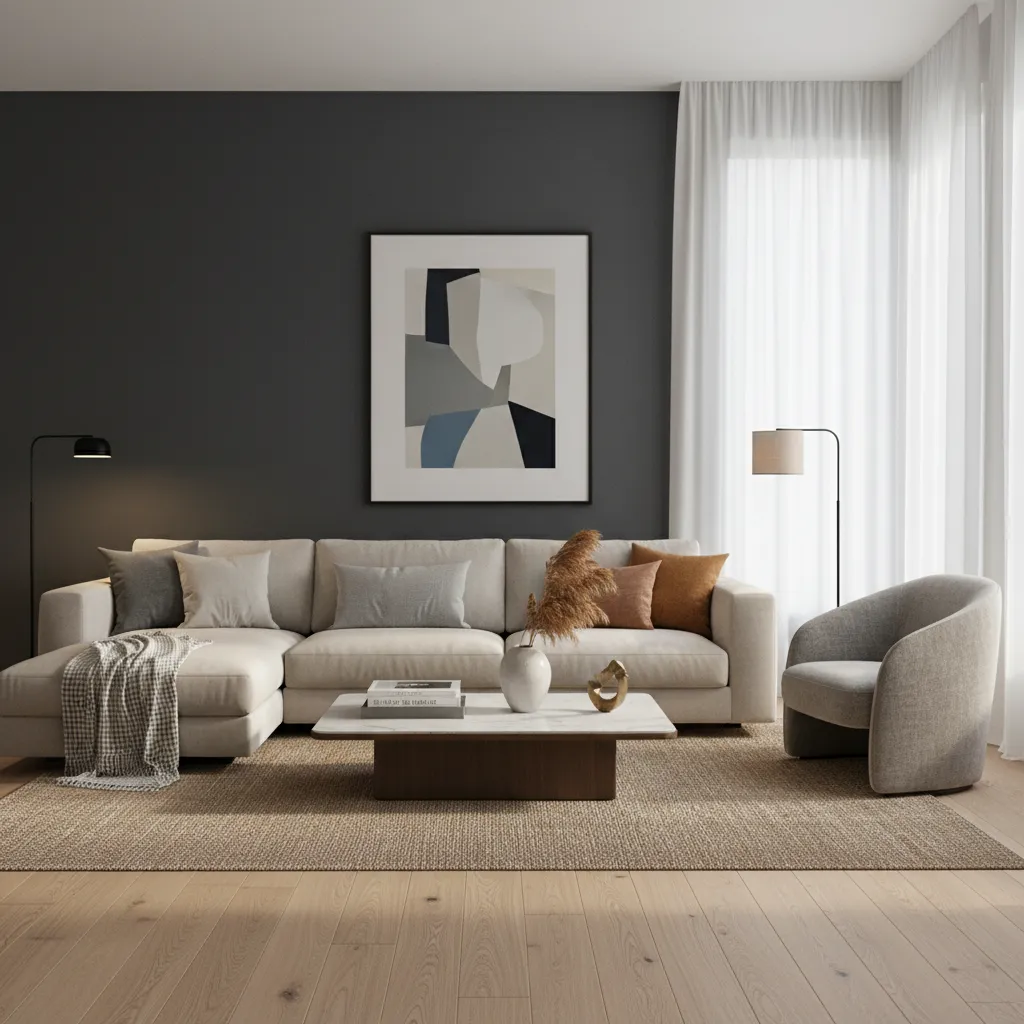 Living room with dark accent wall behind sofa creating focal point